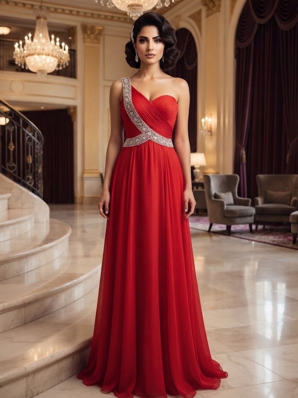 Jovani Red One-Shoulder Evening Gown with Crystal-Embellished Band size small